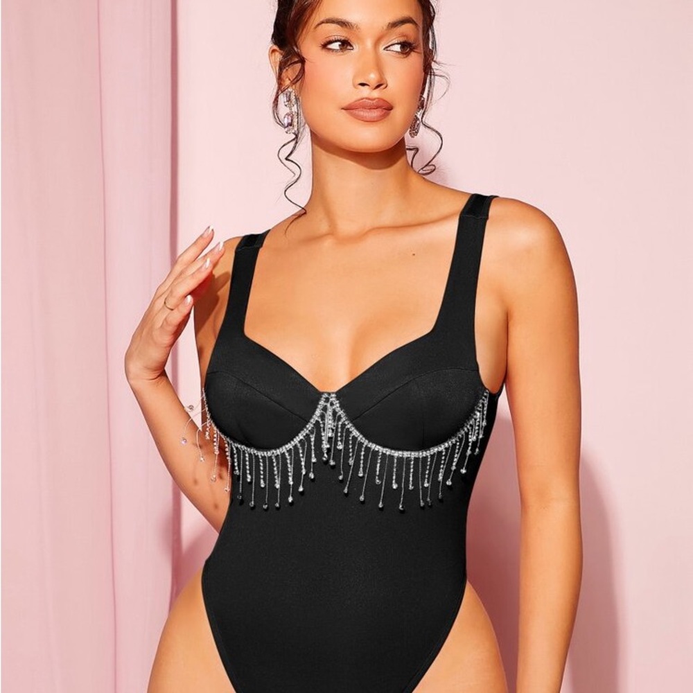 SHEIN Black Bodysuit with Rhinestone Fringe
